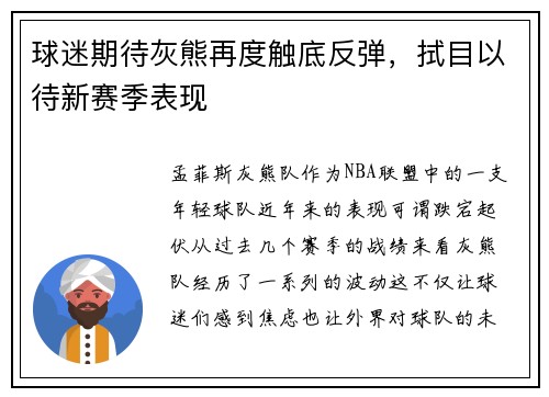 球迷期待灰熊再度触底反弹，拭目以待新赛季表现
