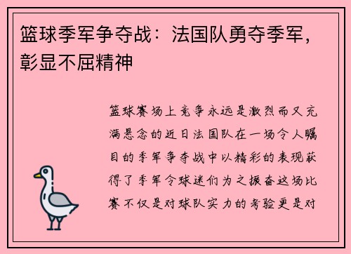 篮球季军争夺战：法国队勇夺季军，彰显不屈精神