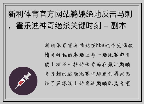 新利体育官方网站鹈鹕绝地反击马刺，霍乐迪神奇绝杀关键时刻 - 副本