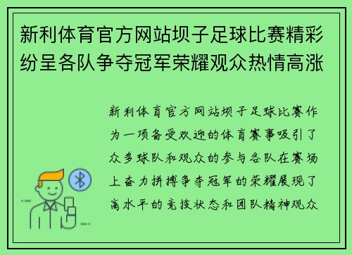 新利体育官方网站坝子足球比赛精彩纷呈各队争夺冠军荣耀观众热情高涨