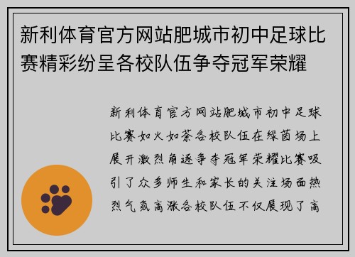 新利体育官方网站肥城市初中足球比赛精彩纷呈各校队伍争夺冠军荣耀
